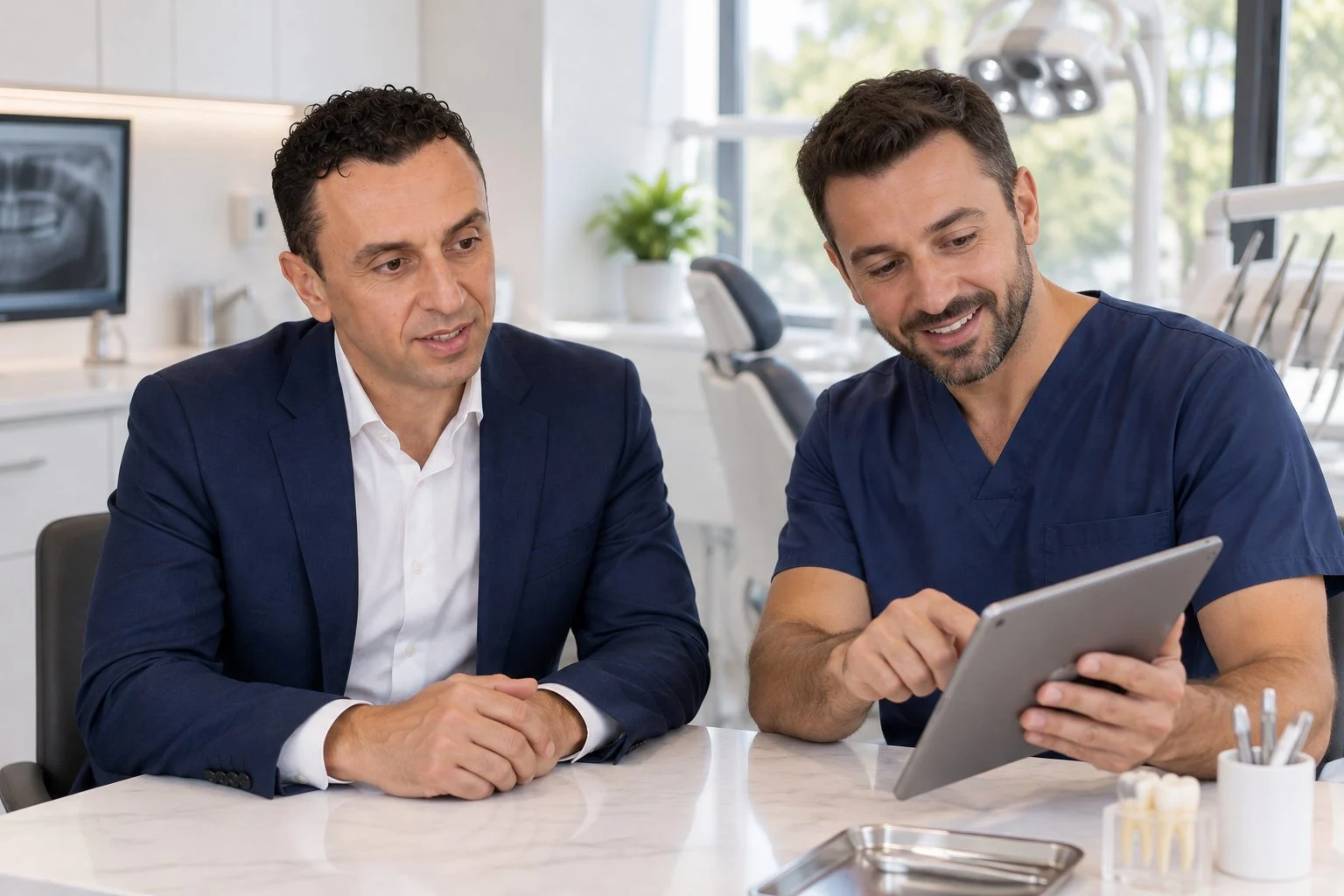 Richie Zengoski reviewing a dental website plan on a tablet with a dentist