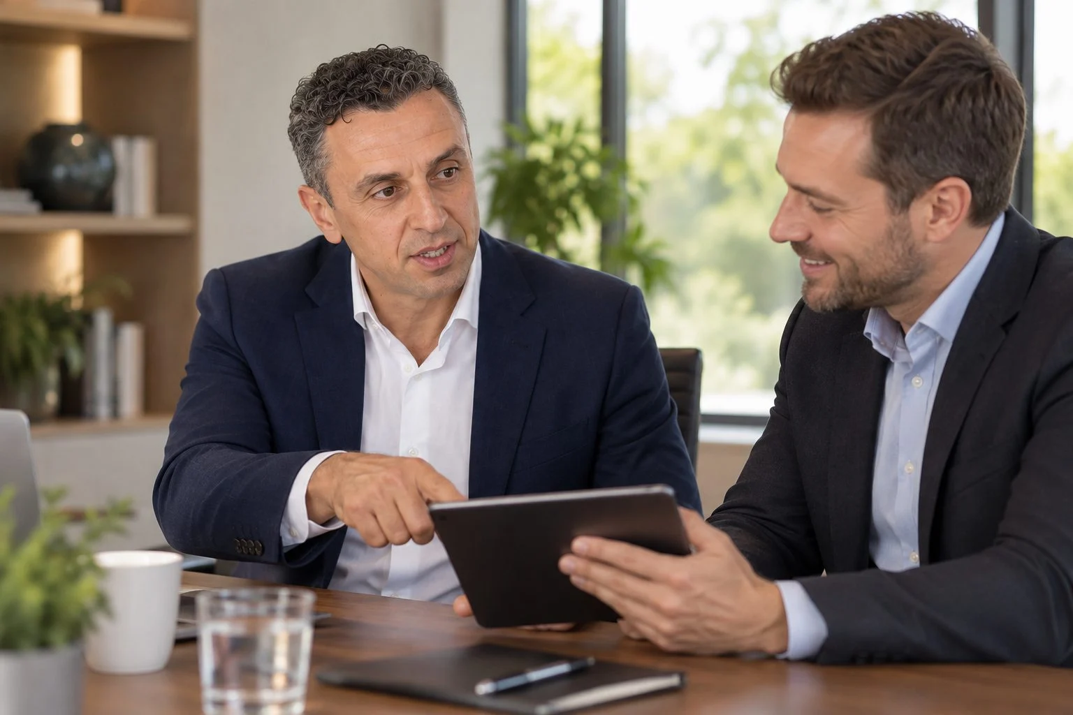 Richie Zengoski showing a mortgage broker a website on a tablet during a planning meeting