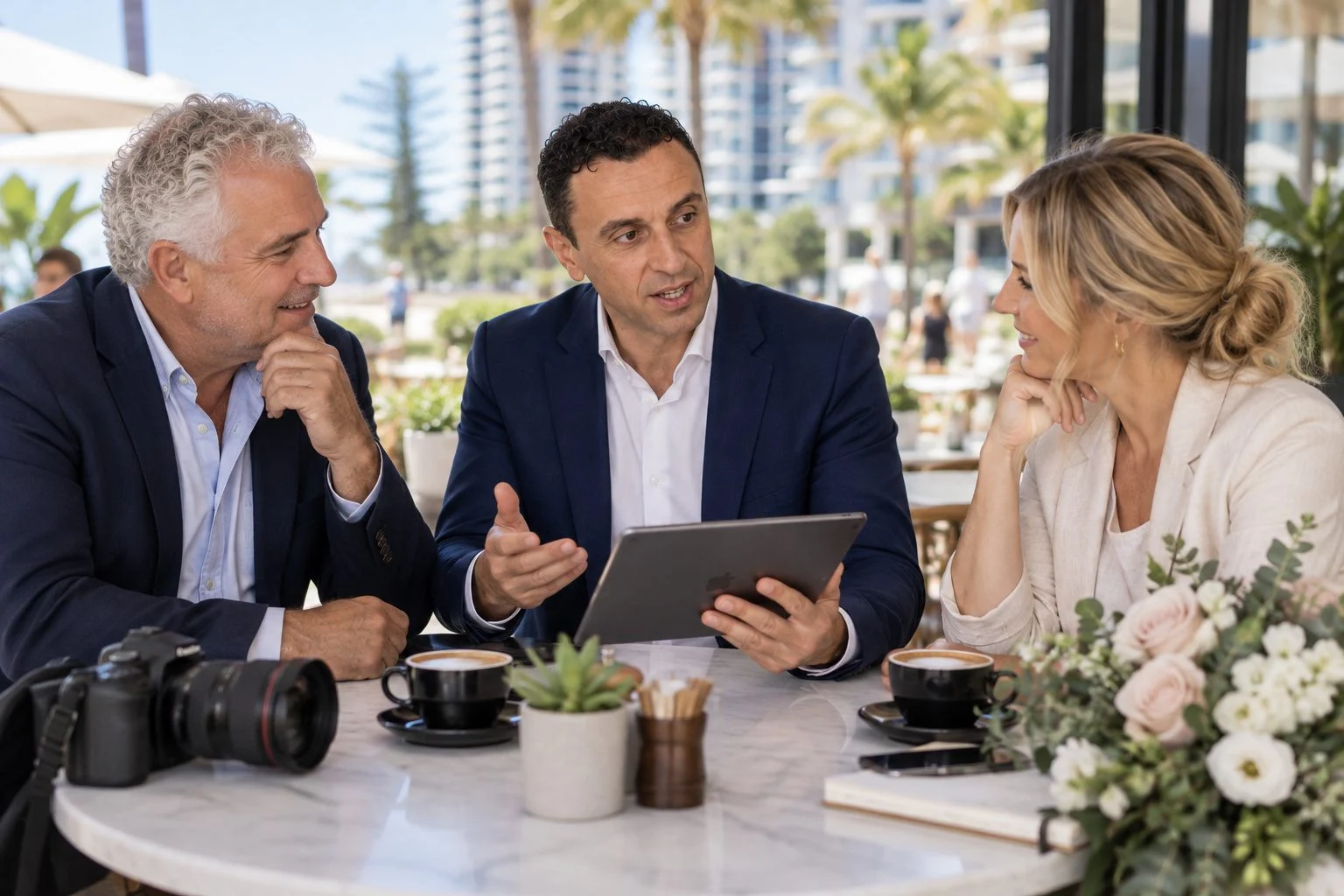 Richie Zengoski showing a wedding photographer and florist a website on a tablet at a Broadbeach cafe