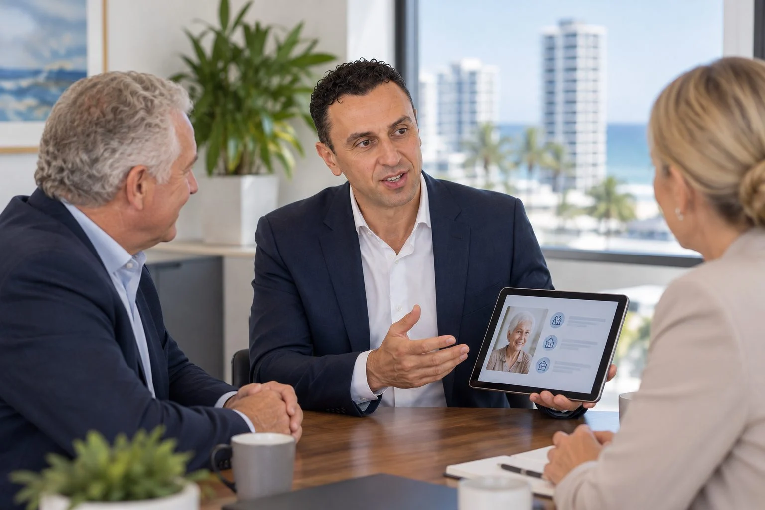 Richie Zengoski showing an aged care manager and family liaison a website on a tablet in a Broadbeach office