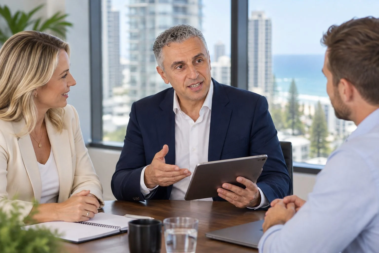 Richie Zengoski showing a business owner and her marketing manager a tablet in a Broadbeach office