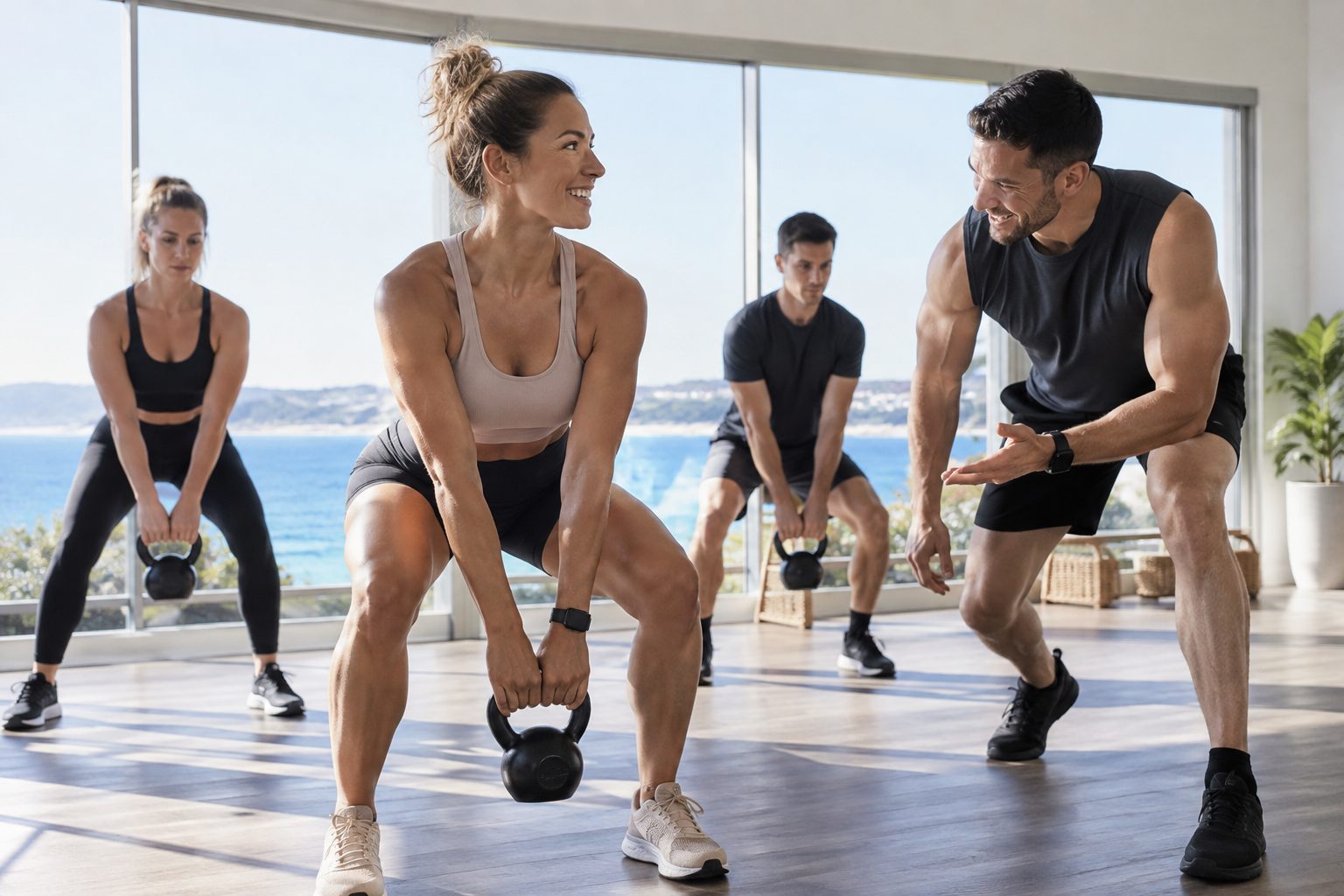 Coach encouraging a small group fitness class in a coastal Australian studio