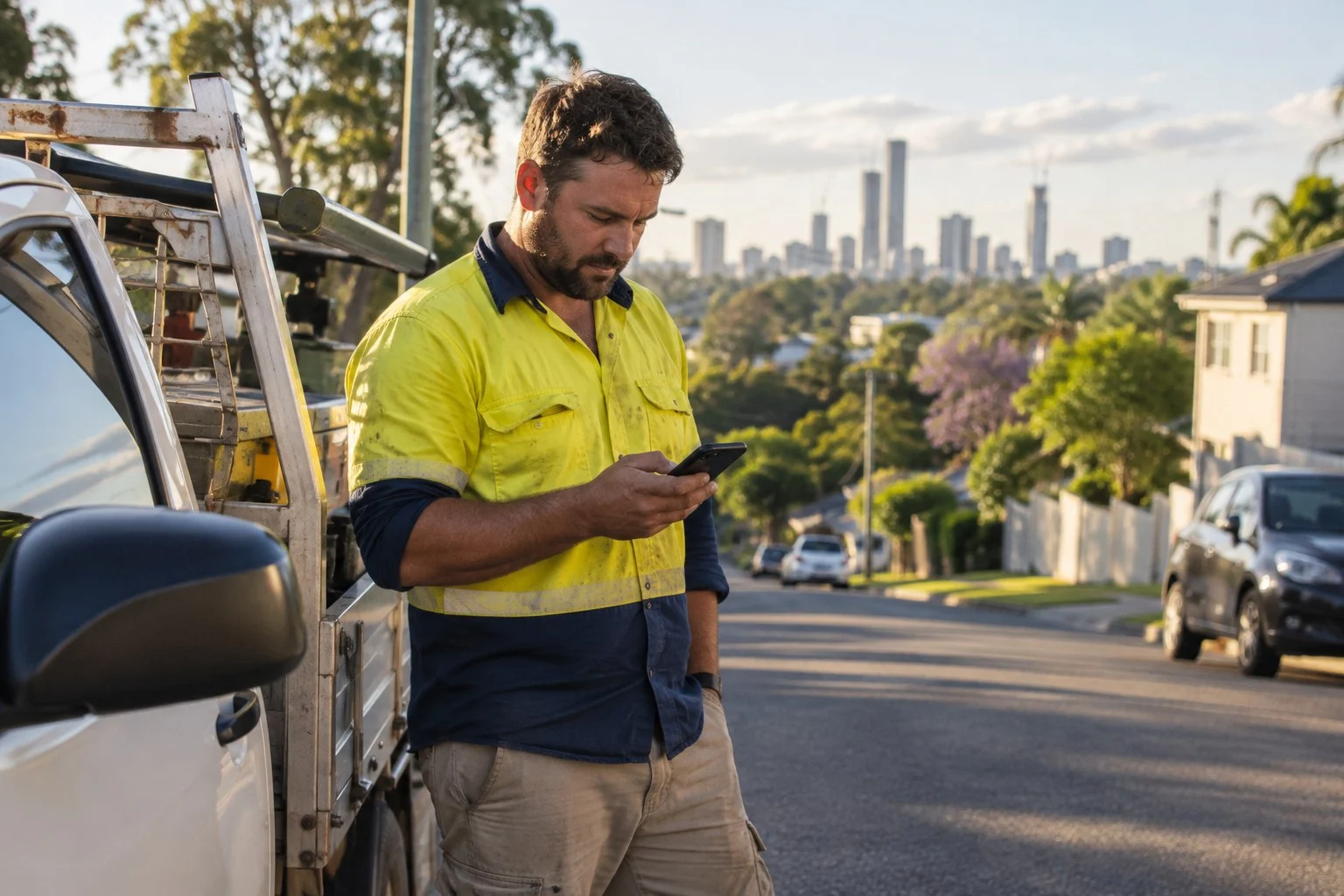 Tradesperson checking a smartphone beside a ute on a Brisbane street