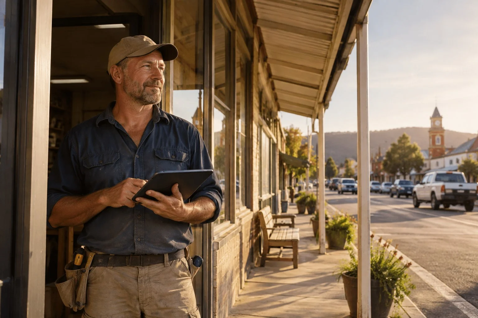 Regional Australian builder at a shopfront holding a tablet