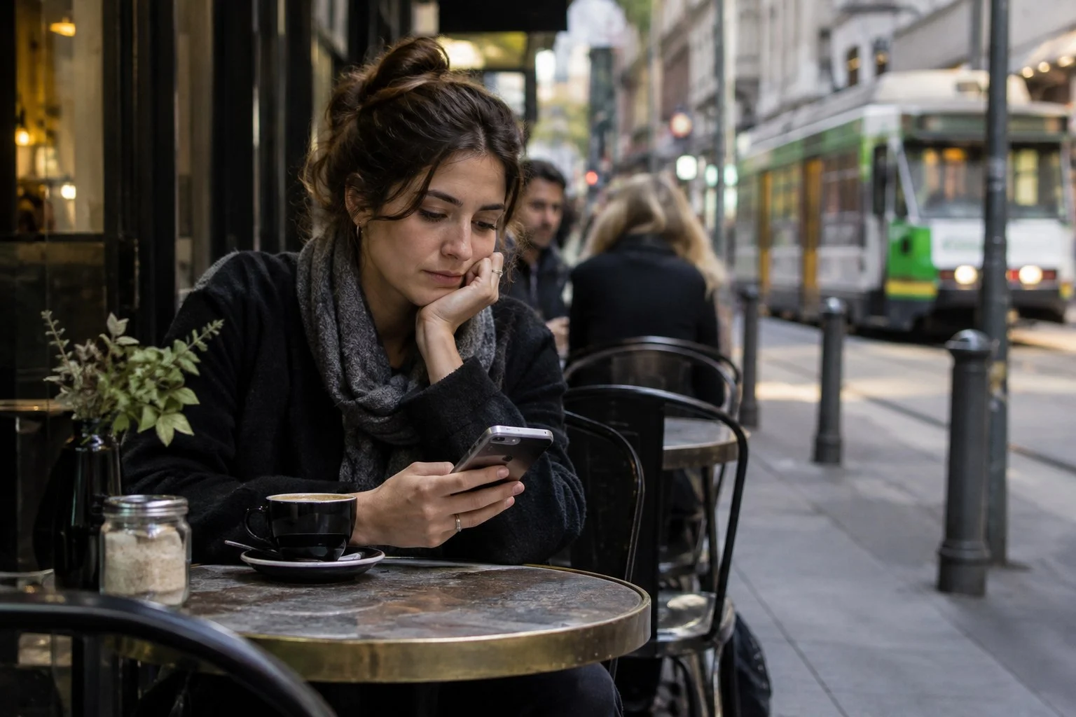 Woman checking her phone in a Melbourne laneway cafe