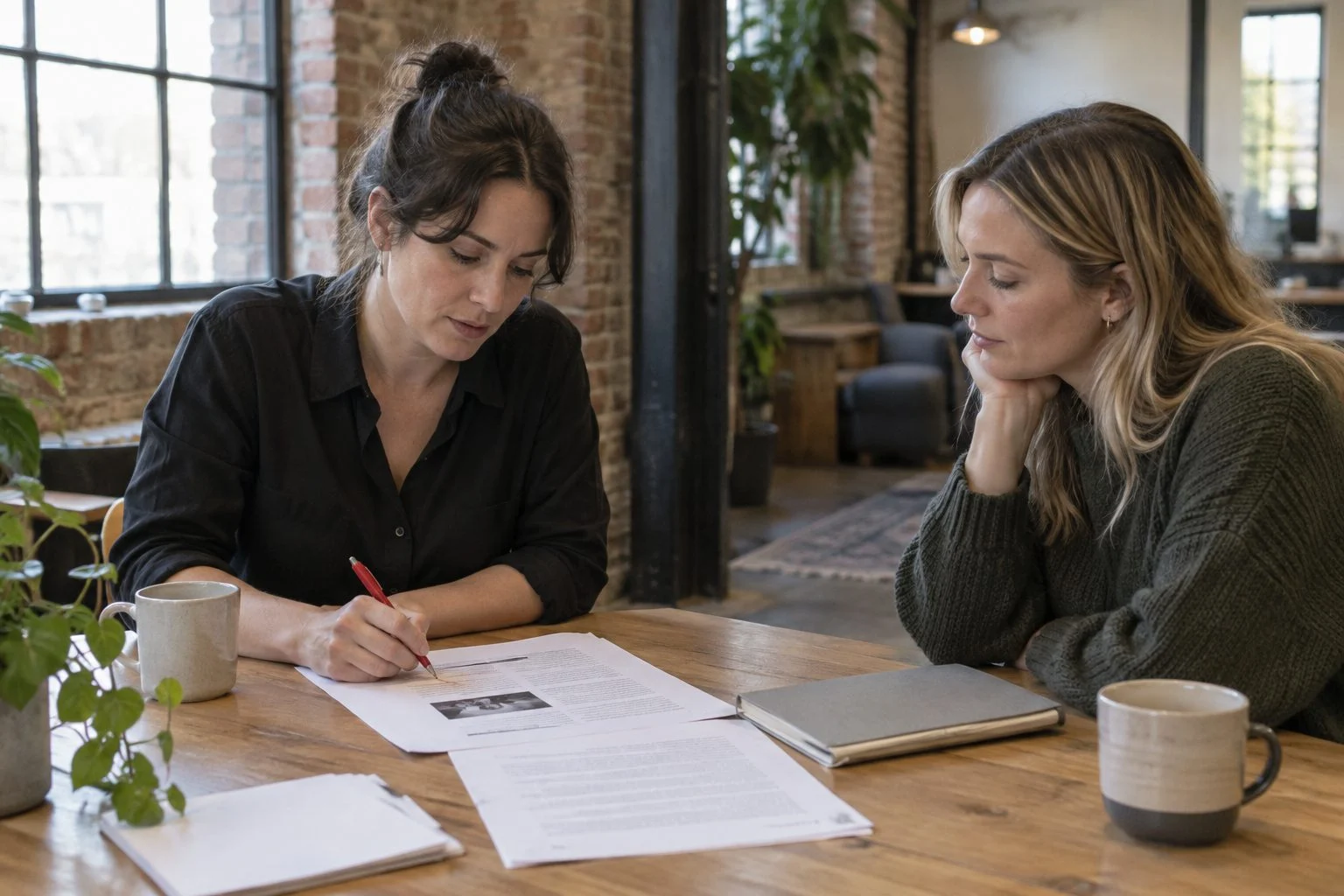 Melbourne marketing staff fact checking a printed AI assisted article draft with a red pen