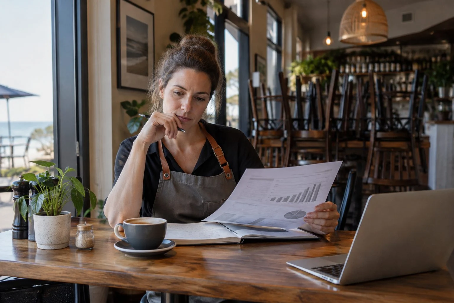 Sunshine Coast cafe owner reading a printed monthly marketing report after closing