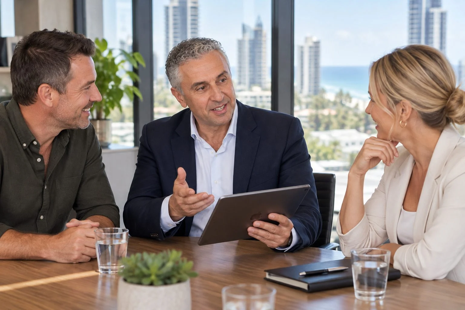 Richie Zengoski showing a Queensland retail owner and her business partner a Meta Ads plan on a tablet in Broadbeach