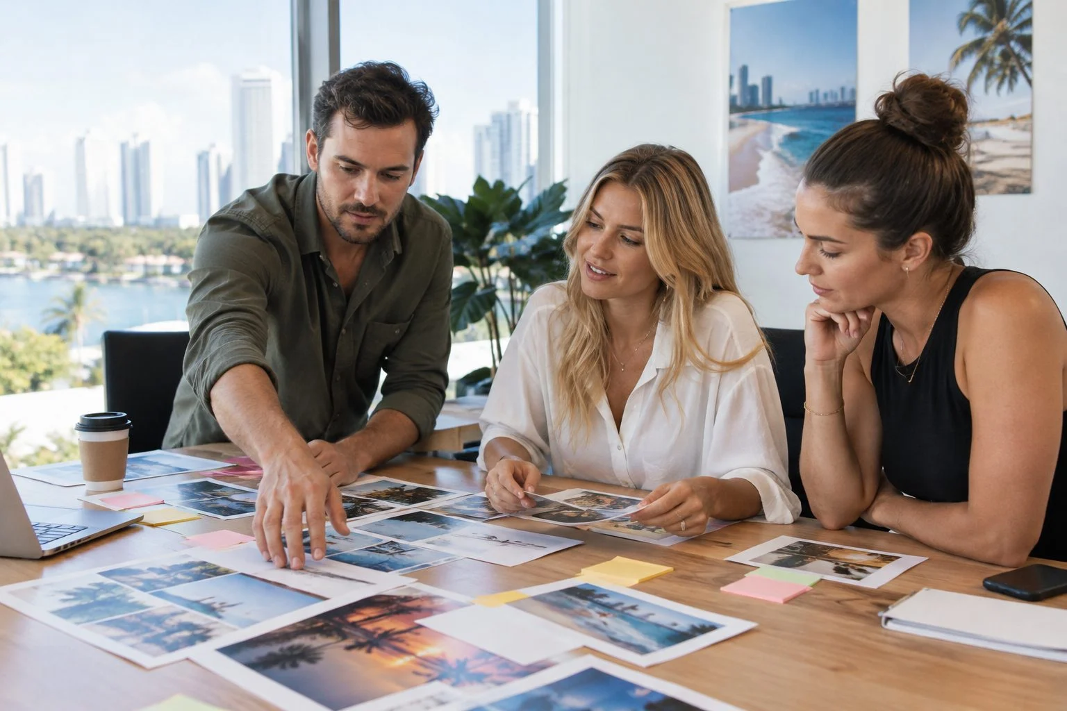 Small business owner and marketing consultants sorting printed ad concepts in a Gold Coast meeting room
