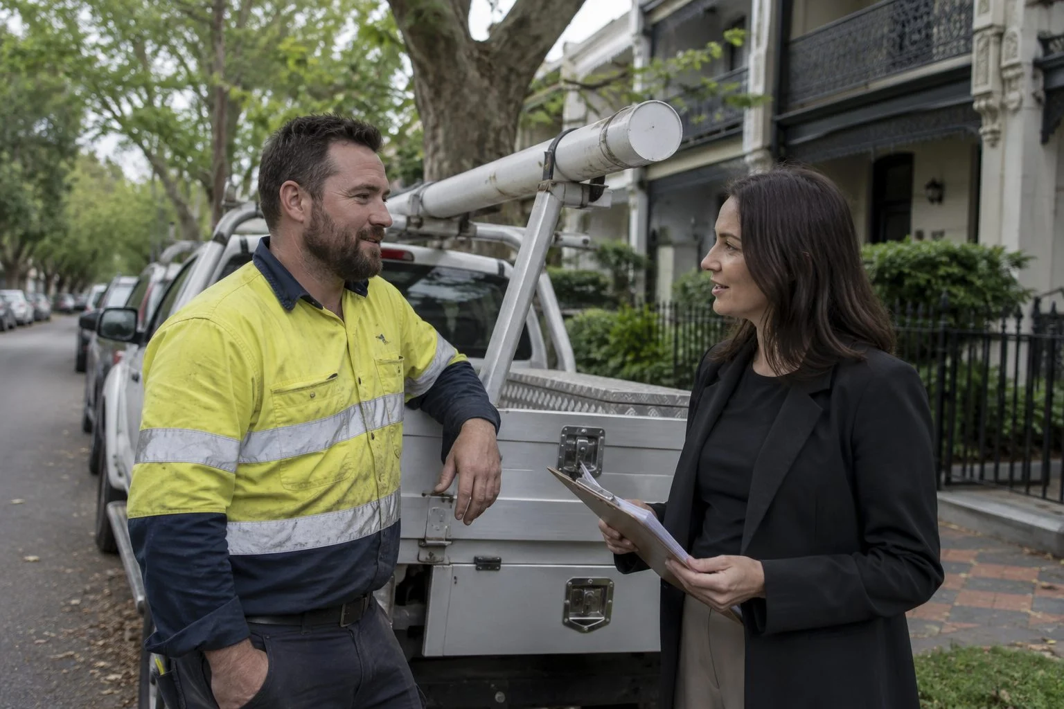 Sydney electrician beside his ute discussing suburb service pages with a marketing consultant