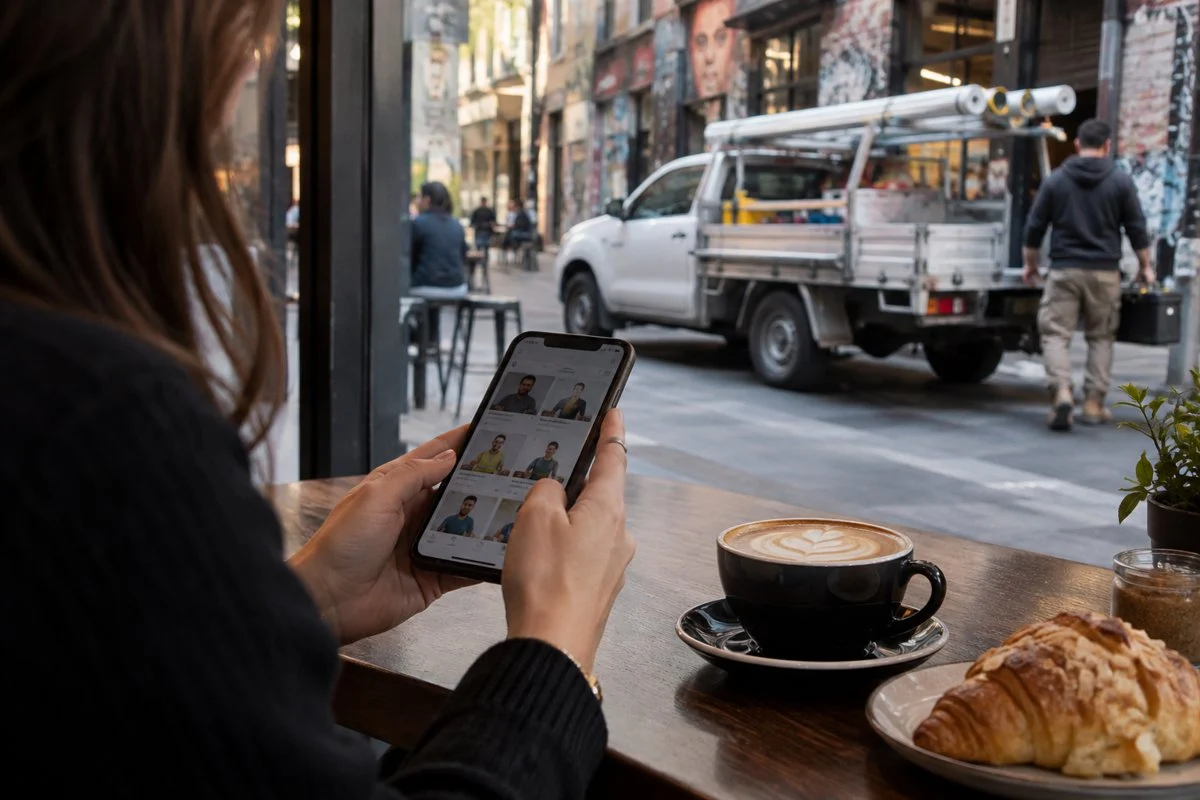 Melbourne cafe table with a phone and a tradie ute outside