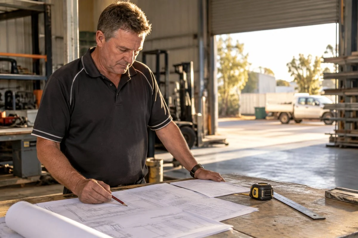 Perth small business owner reviewing plans at a workshop bench